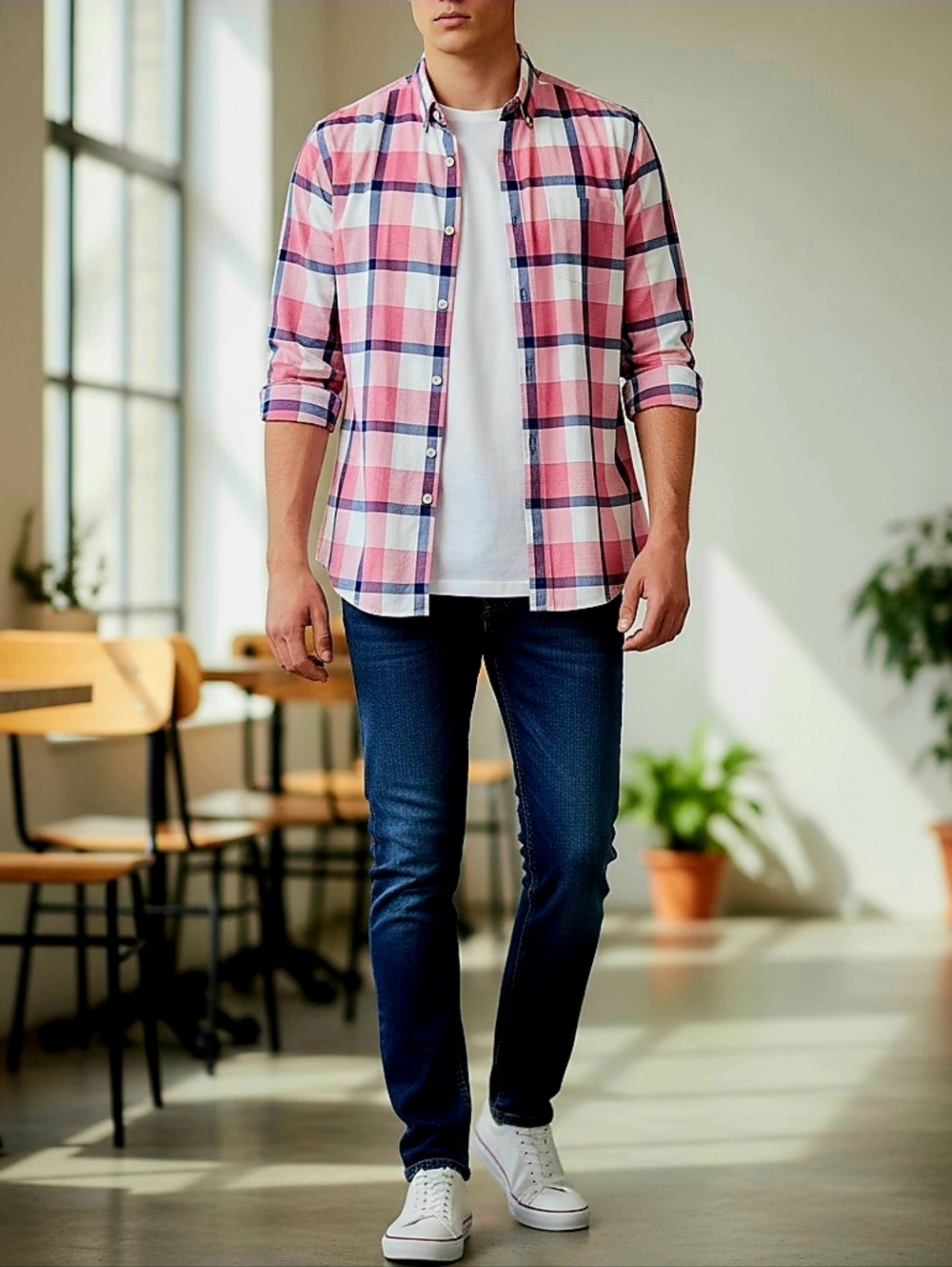 Express Shirt Men Medium Dress Red Plaid Long Sleeve Collared Button Up Business